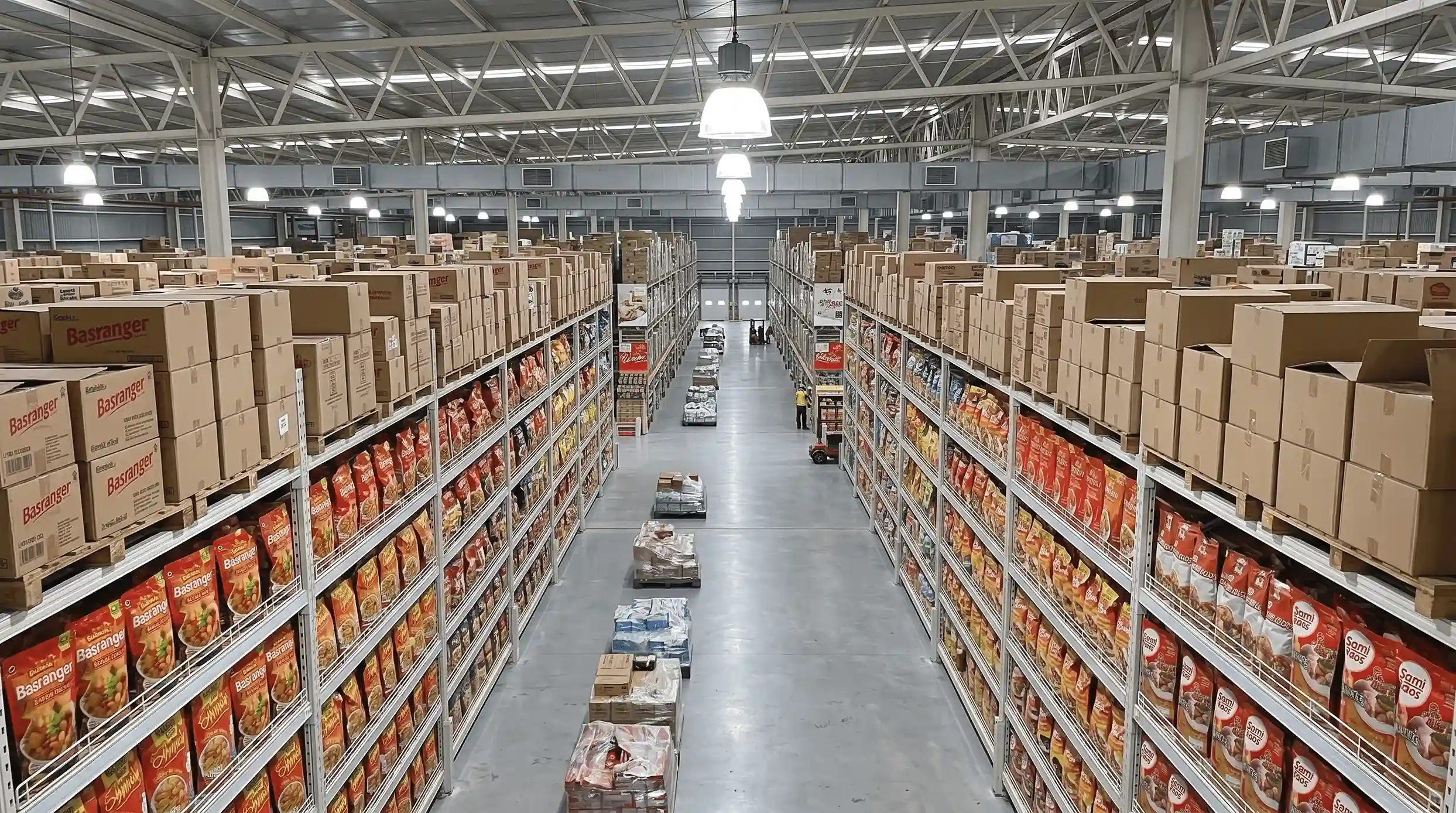Lorong penyimpanan produk di gudang Foodstocks